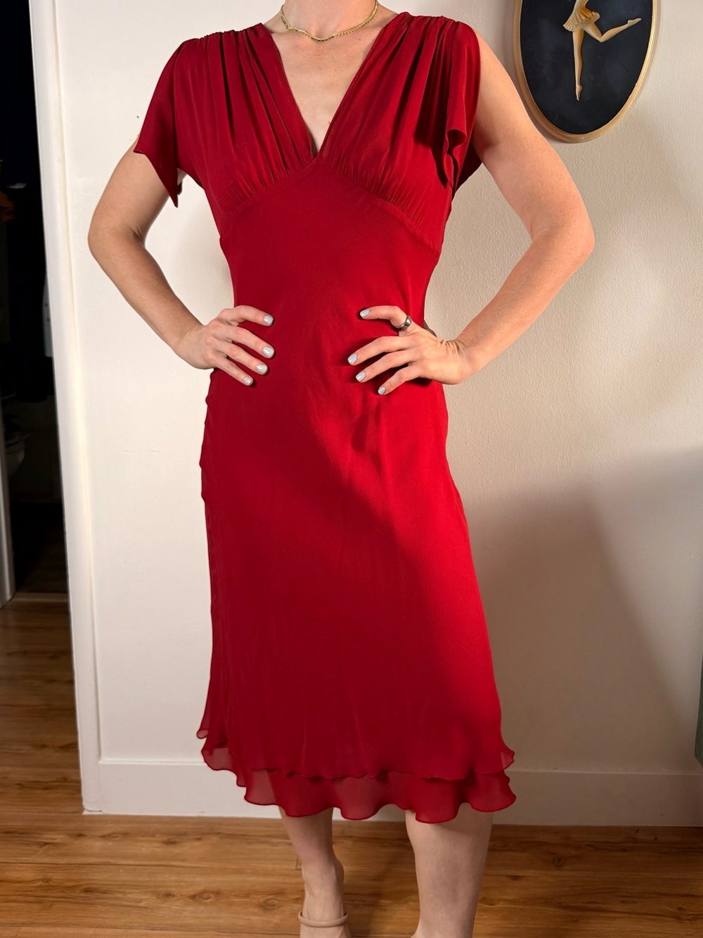 Classic Red V-Neck Midi Dress with Pleated Shoulders